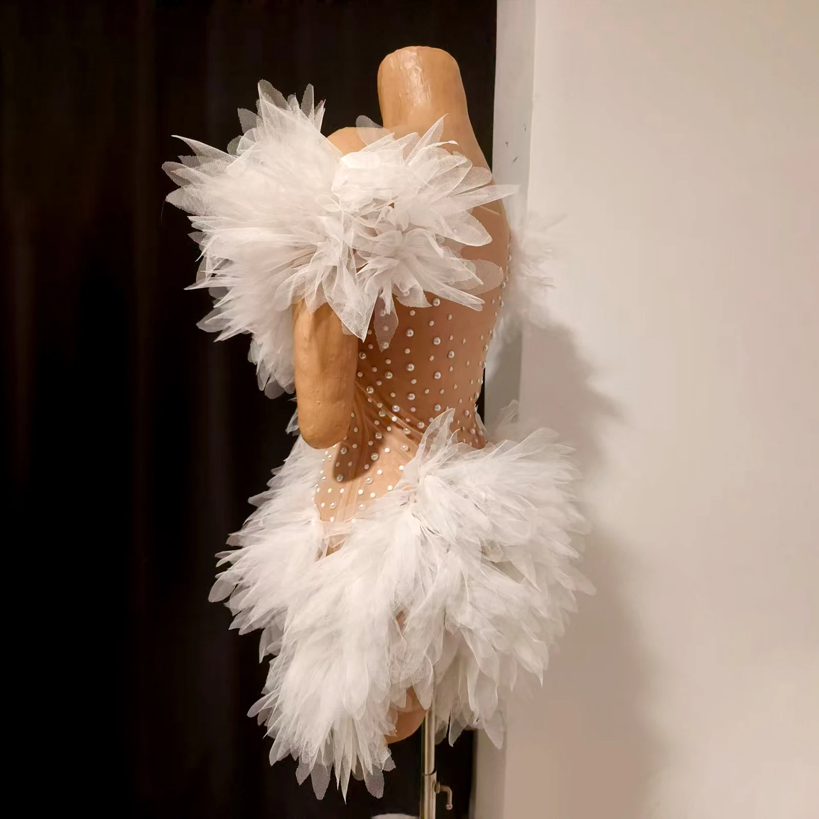 Sexy White Rhinestone Skirt Transparent Wings Mini Dress Bar Nightclub Party Singer Stage Performance Costume Drag Queen Outfit - view 5