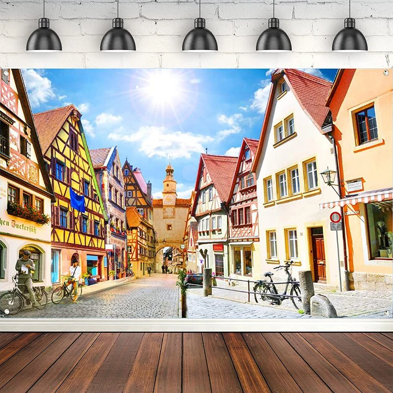 

Photography Backdrop Oktoberfest Party Supplies Banner Bavarian Street Scenery Sign Poster Photo Booth Background Poster