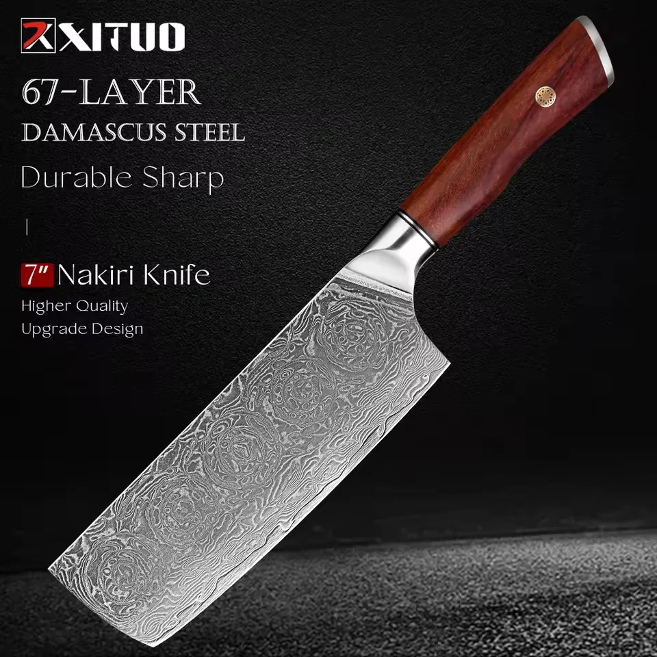 

Professional Nakiri Knife 7 Inch,Rosewood Handle Japanese Kitchen Knives Damascus Steel Sharp,Cleaver Meat and Vegetable Knife