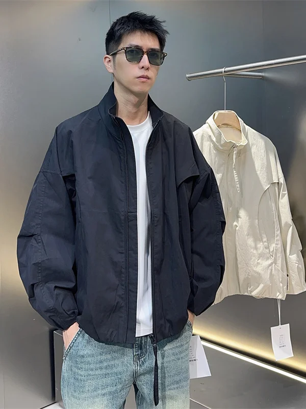 Trendy American Style Jacket Men's Casual Loose Sleeve Design Student Casual Outerwear Stand Collar Knife Sleeve Zipper Closure