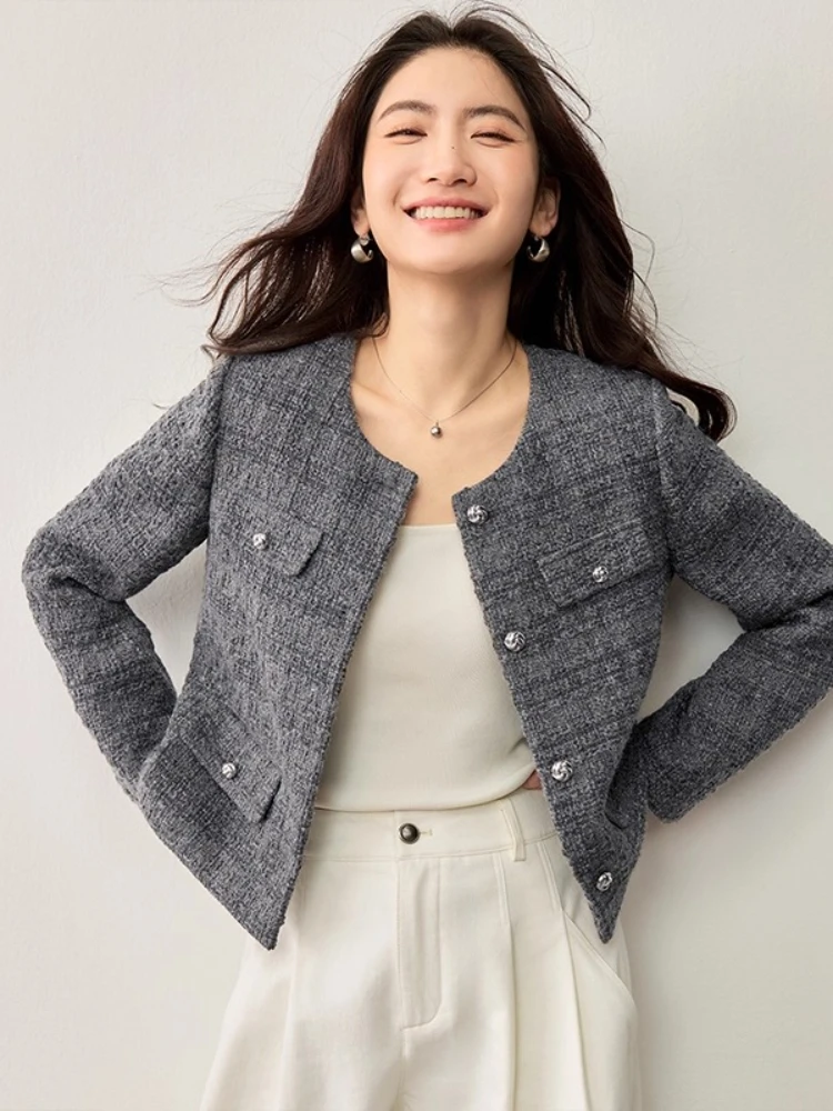 

Женская твидовая куртка SENTUBILA Handloom, осень 2022, пальто с круглым вырезом и металлической нитью, структурированное пальто на плечах, элегантные топы 153WA8659