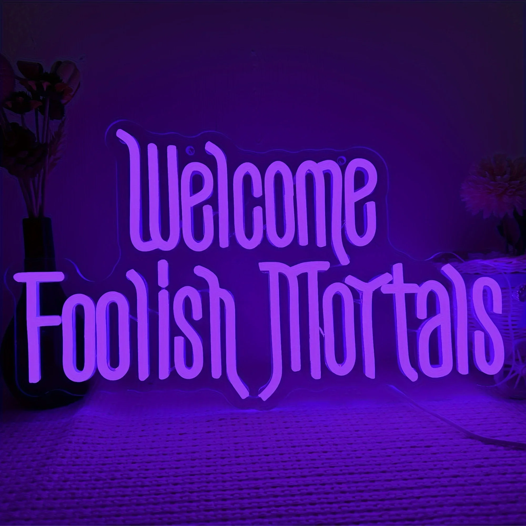 Welcome Foolish Mortals Neon Sign - Spooky Gothic Haunted Mansion Led Wall Decor, Usb Powered, Perfect For Halloween & Home Bar