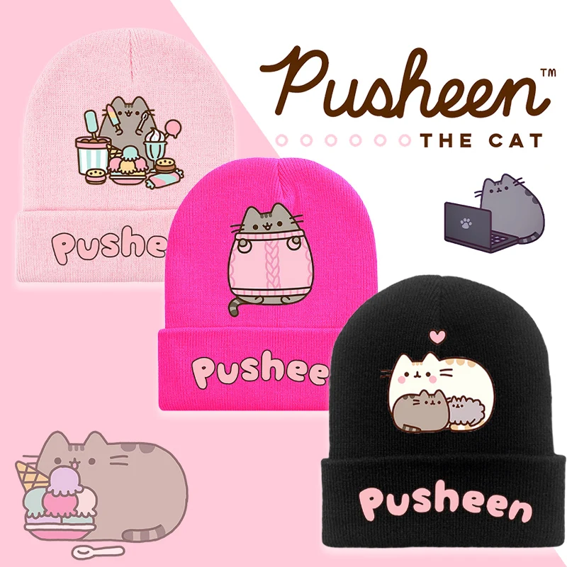 Pusheens Baby Knitted Hat Kawaii Cat Women Cover Beanies Cap Anime Cartoon Print Outdoor Winter Warmth Cute Vogue Kids Girl Gift