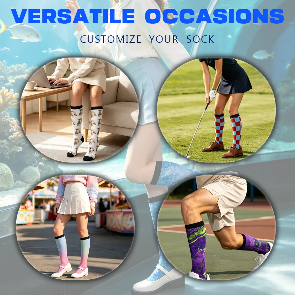 Custom Color Block Knee High Socks Personalized Text Logo Pattern Printed Stretch Long Socks For Daily Street Sports Outfit view 6