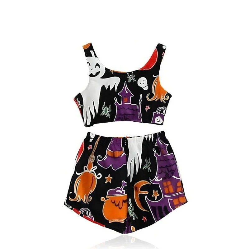 

Жуткий жилет, пижамный комплект, сезон Хэллоуина, широкие шорты, пижамный комплект, светящаяся нечеткая пижама без рукавов с принтом тыквы