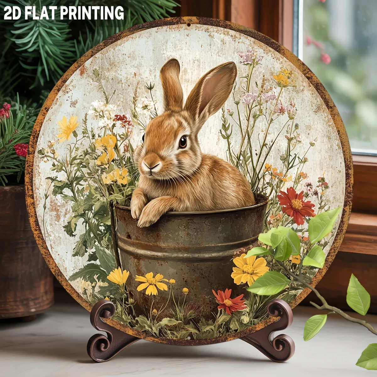 Retro Hasen-Metallschild, Oster-Wanddekoration für den Frühling, Niedliches Aluminium-Hängeschild für Wohnzimmer und Schlafzimmer