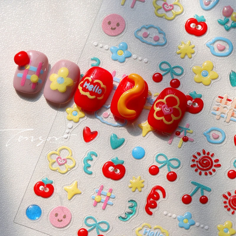 Flower Star Sun Grid Line Interesting Graffiti Tulip Cherry Apple Fruit Dot Painting Adhesive Nail Art Stickers Manicure Decals