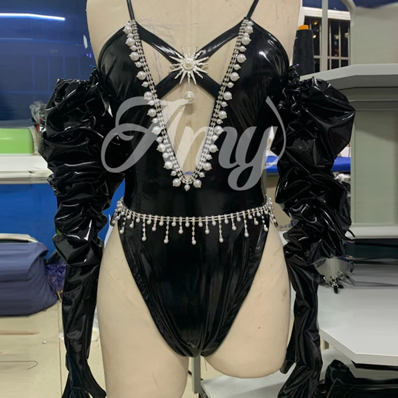 블랙 PU 가죽 슈트 섹시 바 나이트클럽 댄스 의상 컷아웃 가죽 가수 바디수트 여성 무대 공연 의상 레이브웨어