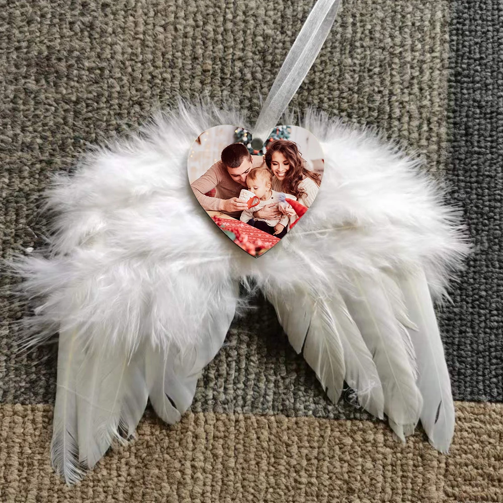 

Free Shipping 50pcs/Lot Sublimation Blanks Printable MDF Heart Wooden Ornaments With Feather Angel Wing For Christmas Decoration