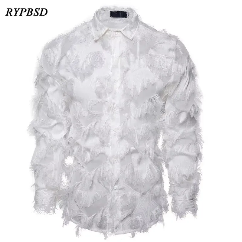 

Men Sexy White Feather Shirt Fashion Harajuku Transparent Autumn Long Sleeve Dress Shirts Nightclub Singer Gothic Stage Costume