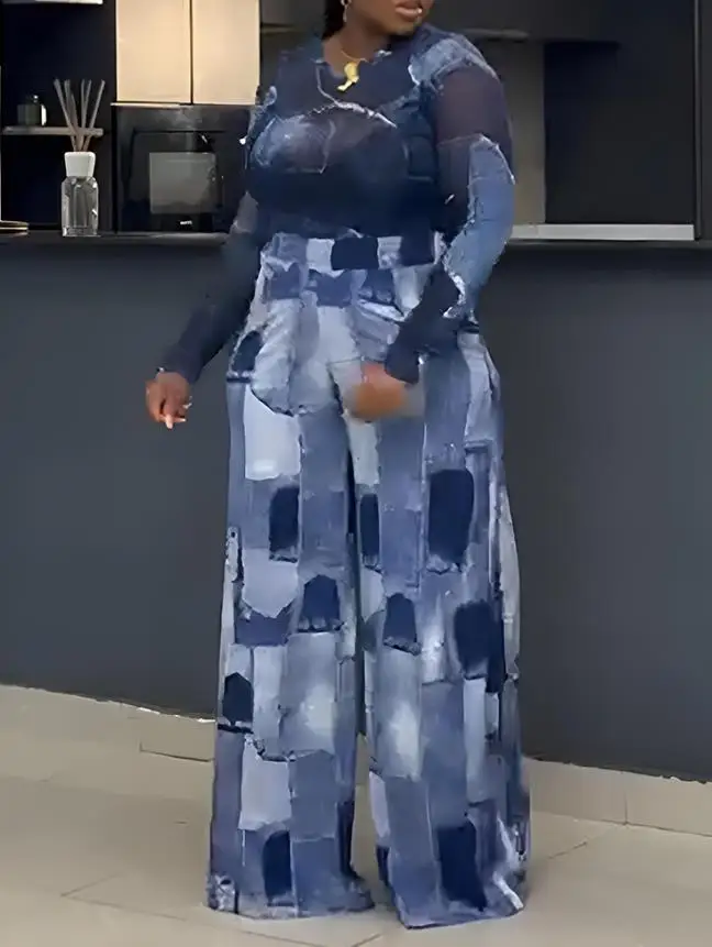 

Комплект из трех предметов: жилет из искусственного денима с геометрическим принтом и завязками, рубашка с длинными рукавами из прозрачной сетки и повседневный комплект широких брюк