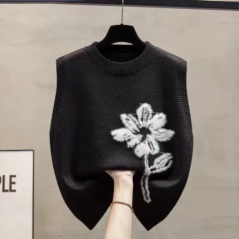 Women\'s Clothing O-Neck Spring Autumn Screw Thread Pullover Sleeveless Sweater Knitted Crochet Flower Embroidered Vest Tops