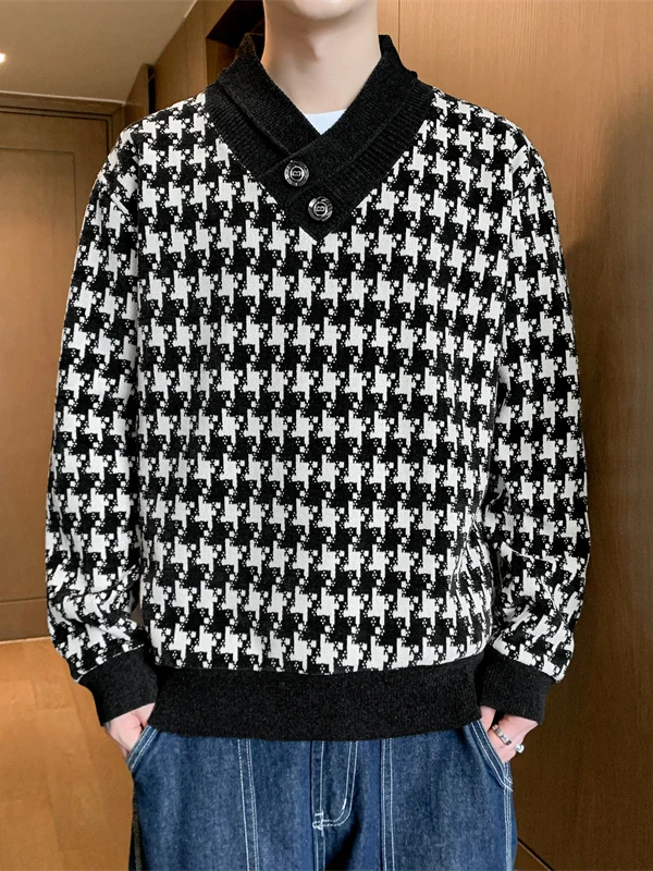 

Men's V-ne Knitted Sweater Diamond Pattern Thi Warm Base irt Casual Sle Color Blo Trendy Fake Two-Piece Long Sve...