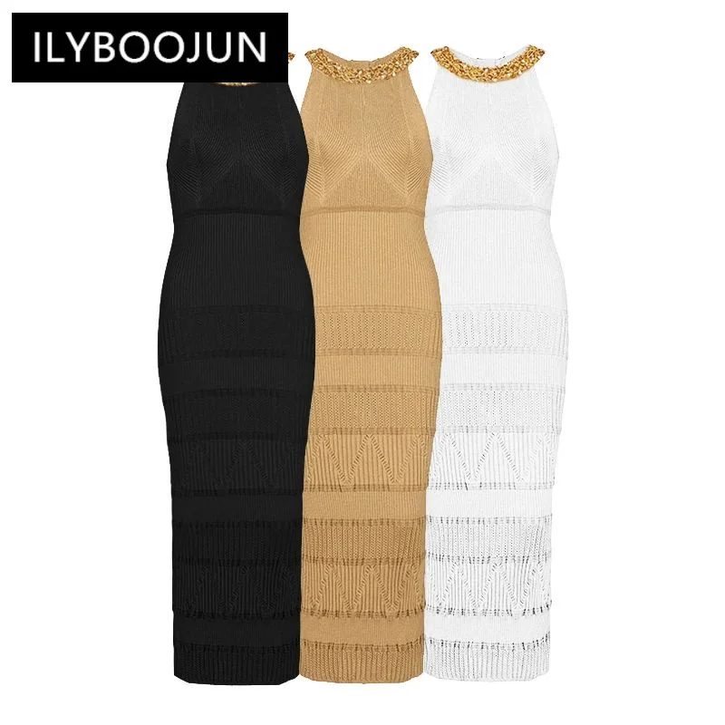 

Three Colors SML High Quality Fashion Elastic Knitted Fabric Neckline Exquisite Beaded Slim Fit Commuter Casual Women's Dress