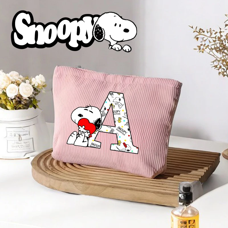 Snoopy Woman's Cosmetic Bag Corduroy Letter A-Z Fashion Zipper Purses Large Capacity Travel Portable Storage Female Makeup Bags