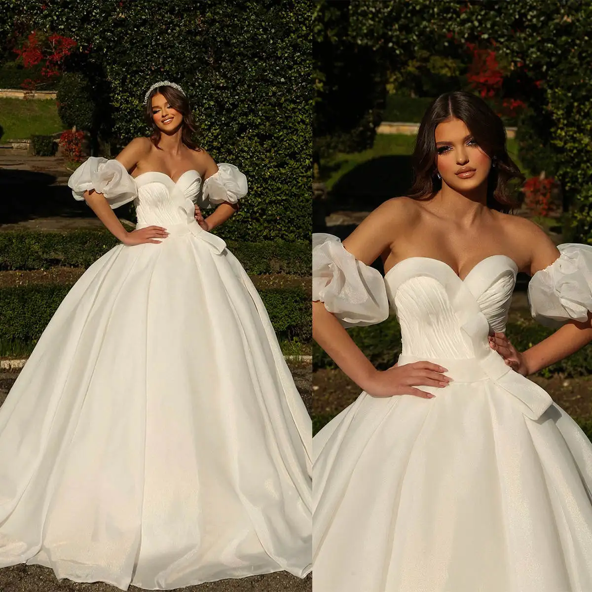 Simple Ball Gown Wedding Dresses With Bow Pleat Lantern Sleeve Sweetheart Bridal Gown Sweep Train Vestidos De Novia Customized