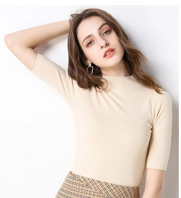 MRMT 2024 Brand New Short Sleeve Base Womens Women's Pullover Half High Collar Slim Knit  Femal Multi Color Optional Pullovers