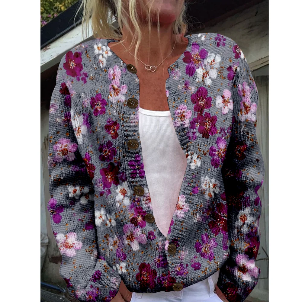

Осень-зима вязаный кардиган с цветочным принтом, повседневный свитер, уличная одежда, женские свитера, вязаный топ, крутые джемперы, модные