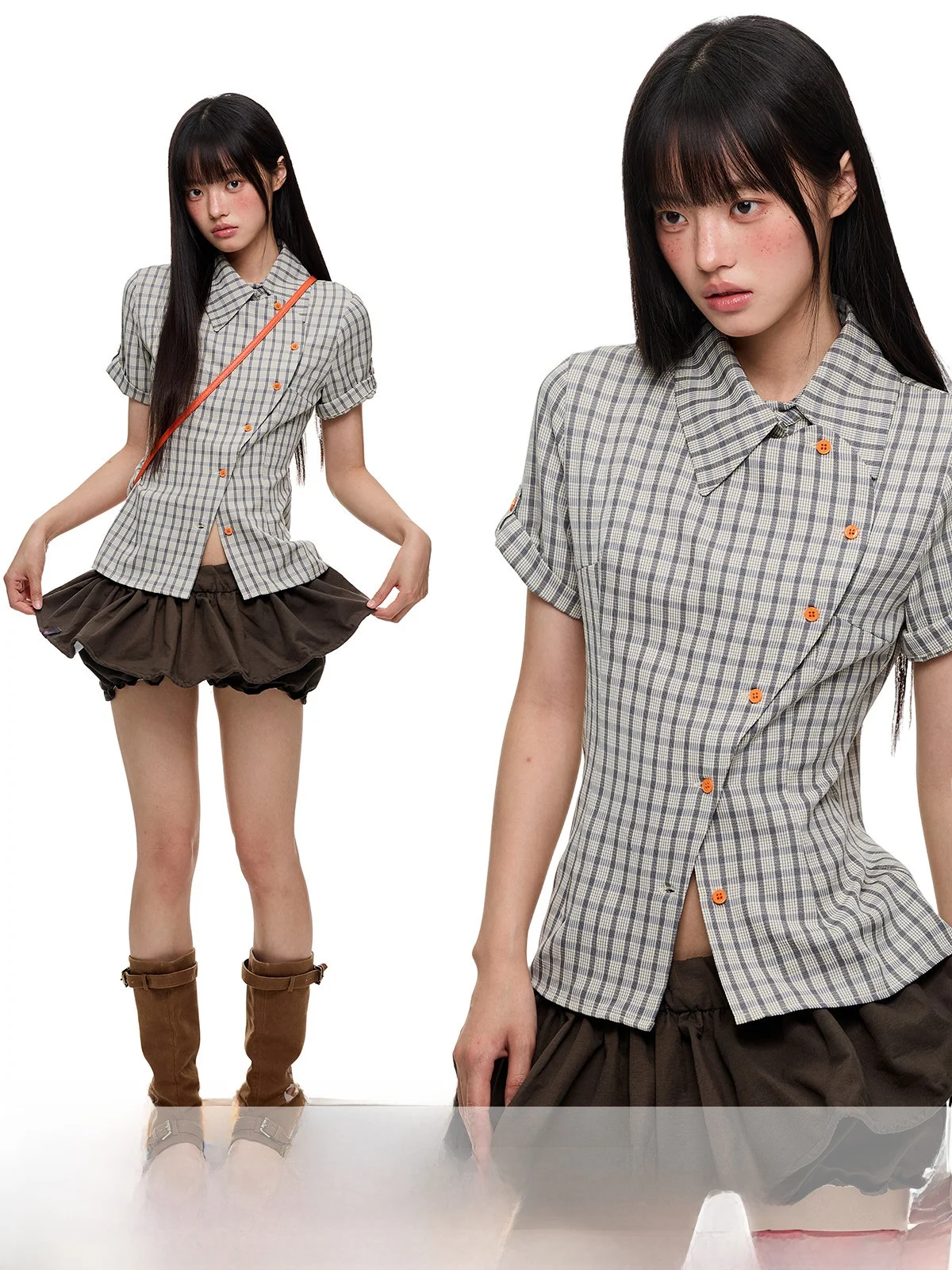 

JIKOO Orange Caramel Style Women's Slim Fit Shirt Short Sleeve Waist Cinched Miu Series Top Original Design Polyester Blend