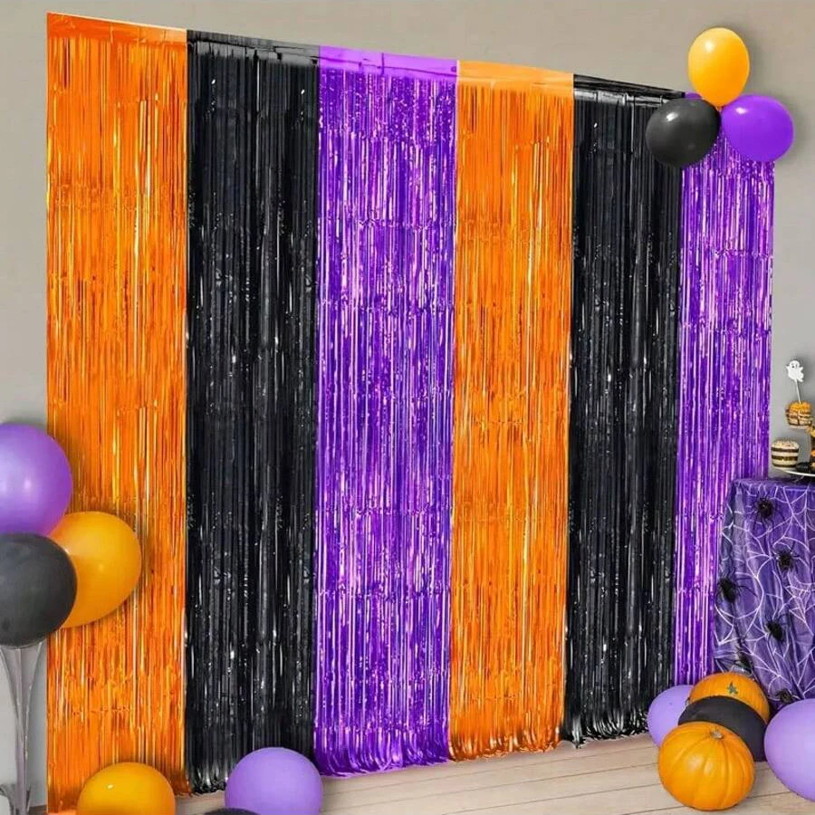 Orangefarbene, violette, schwarze Folienfransen-Vorhänge als Foto-Requisiten für Halloween-Partys, Trick-or-Treat-Partys, Tag der Toten-Partys usw. – Detail 1