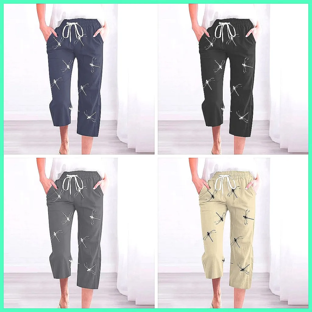 Women's Lace-Up Pocket Wide Leg Pants, Spring Summer Casual Loose Capris, Printed Versatile Daily Trousers