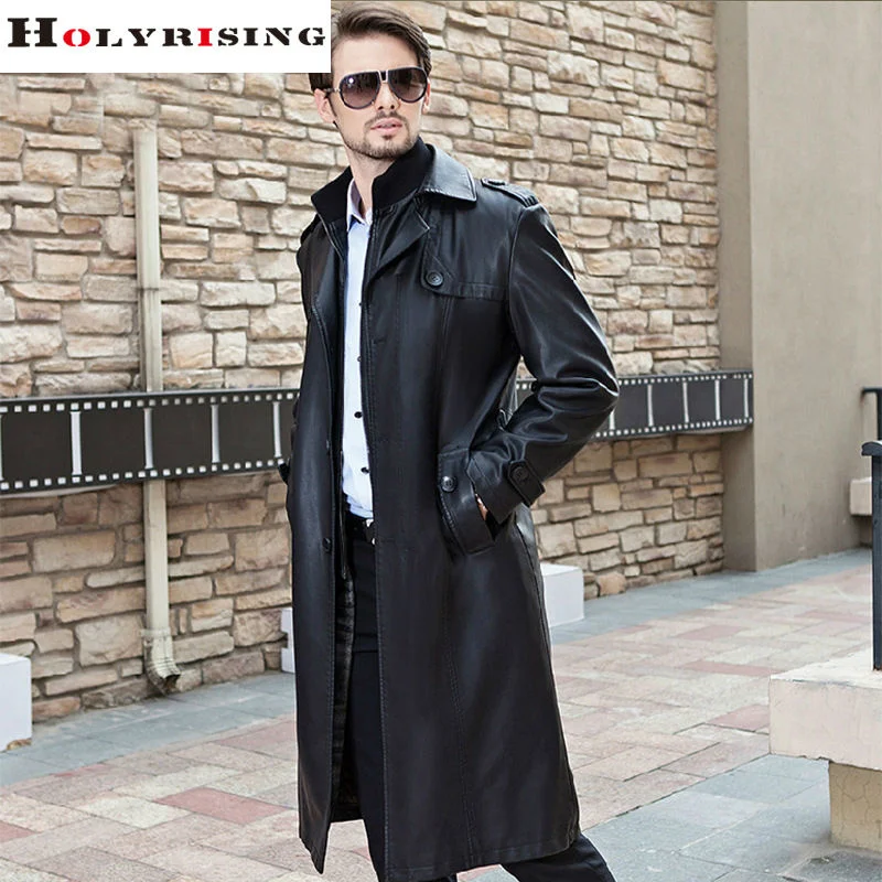 Trench Coat Men Long Black Classic Turn Collar Autumn Winter Pea Coats Casual Overcoat Single breasted Pu Trenchs Jackets M-4XL