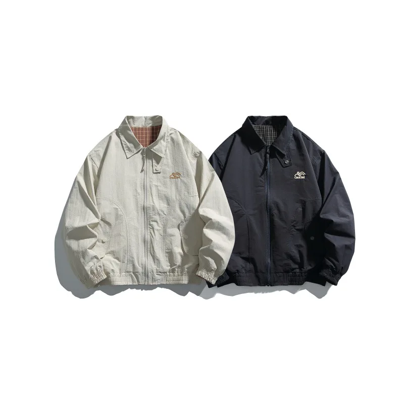 

New Double-Sided Jacket for Men,Embroidered Large Pockets Windbreaker，American Vintage Plaid Pattern Men's Coats