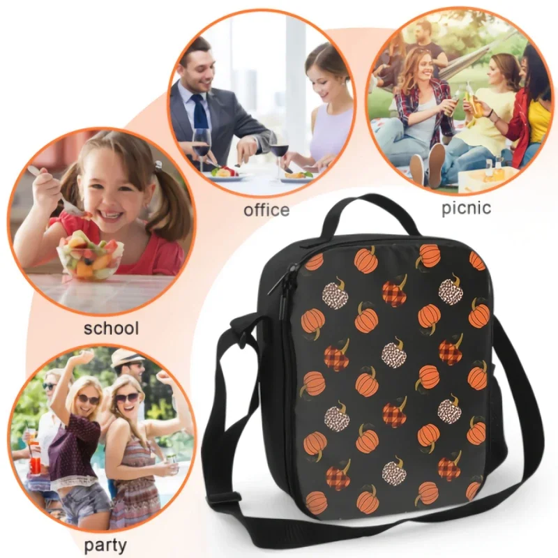 Leopard Orange And Buffalo Plaid Pumpkin Lunch Box Thanksgiving Insulated Lunch Bag with Water Bottle Holder Cooler Bag for Kids