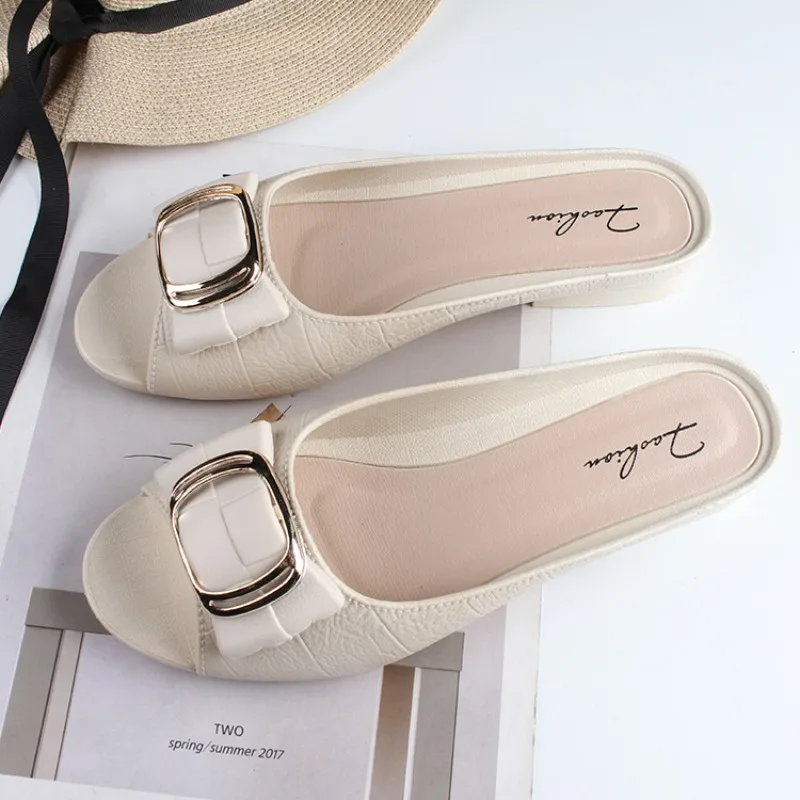 Summer Women Square Buckle Flat Beach Slippers Girls Soft Sole Anti-slip Open-toe Slides Lady Casual Peep-toe Sandal Casual Shoe