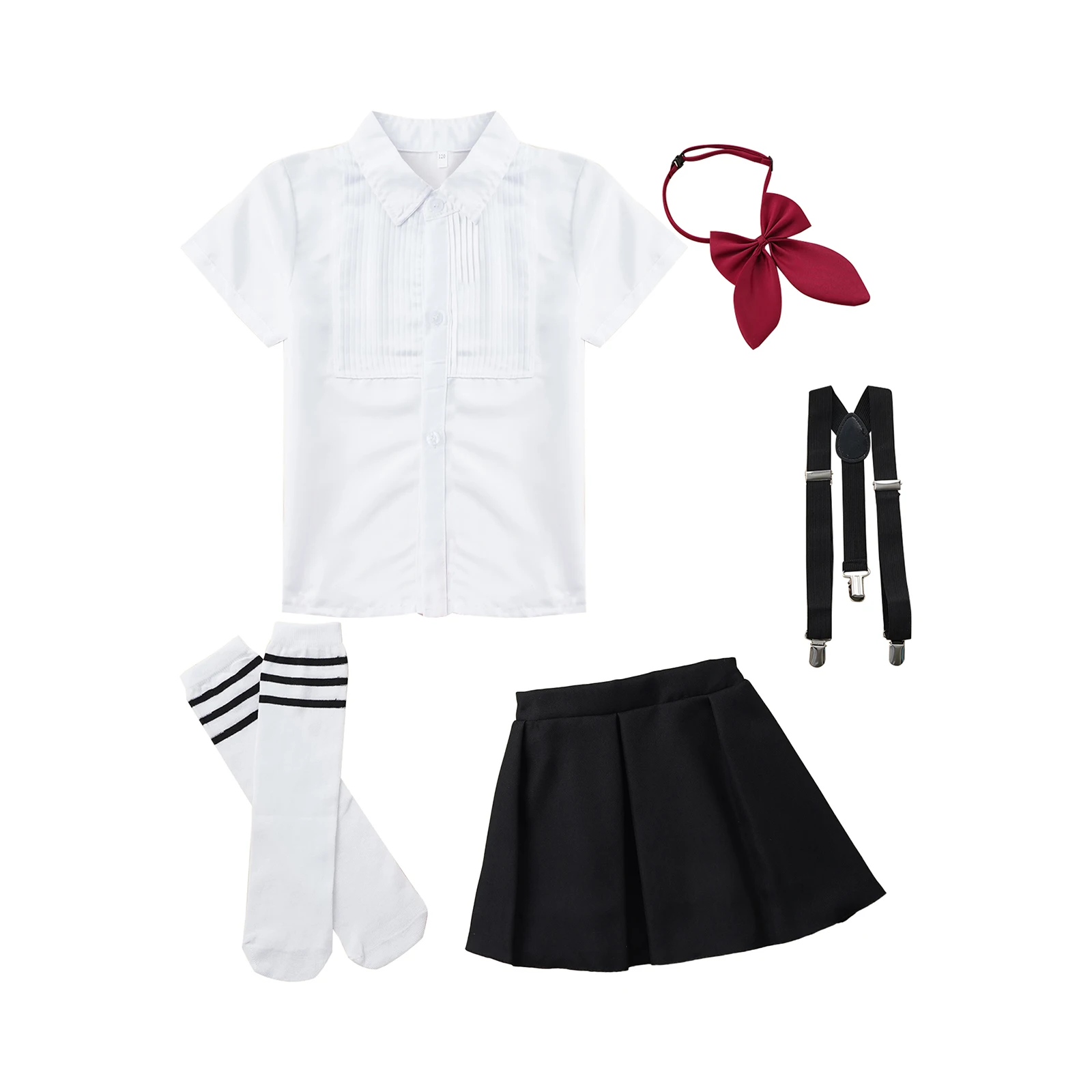 Kids Girls Schoolgirls Dance Outfit Student Uniform School Choir Host Performance Costume Bow Tie Top with Suspender Skirt Socks