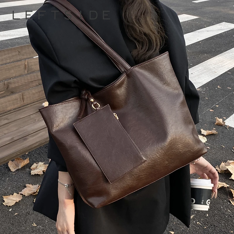

LEFTSIDE Large Capacity PU Leather Simple Tote Bag for Women Shoulder Bags 2025 Designer Luxury Solid Color Handbags and Purses