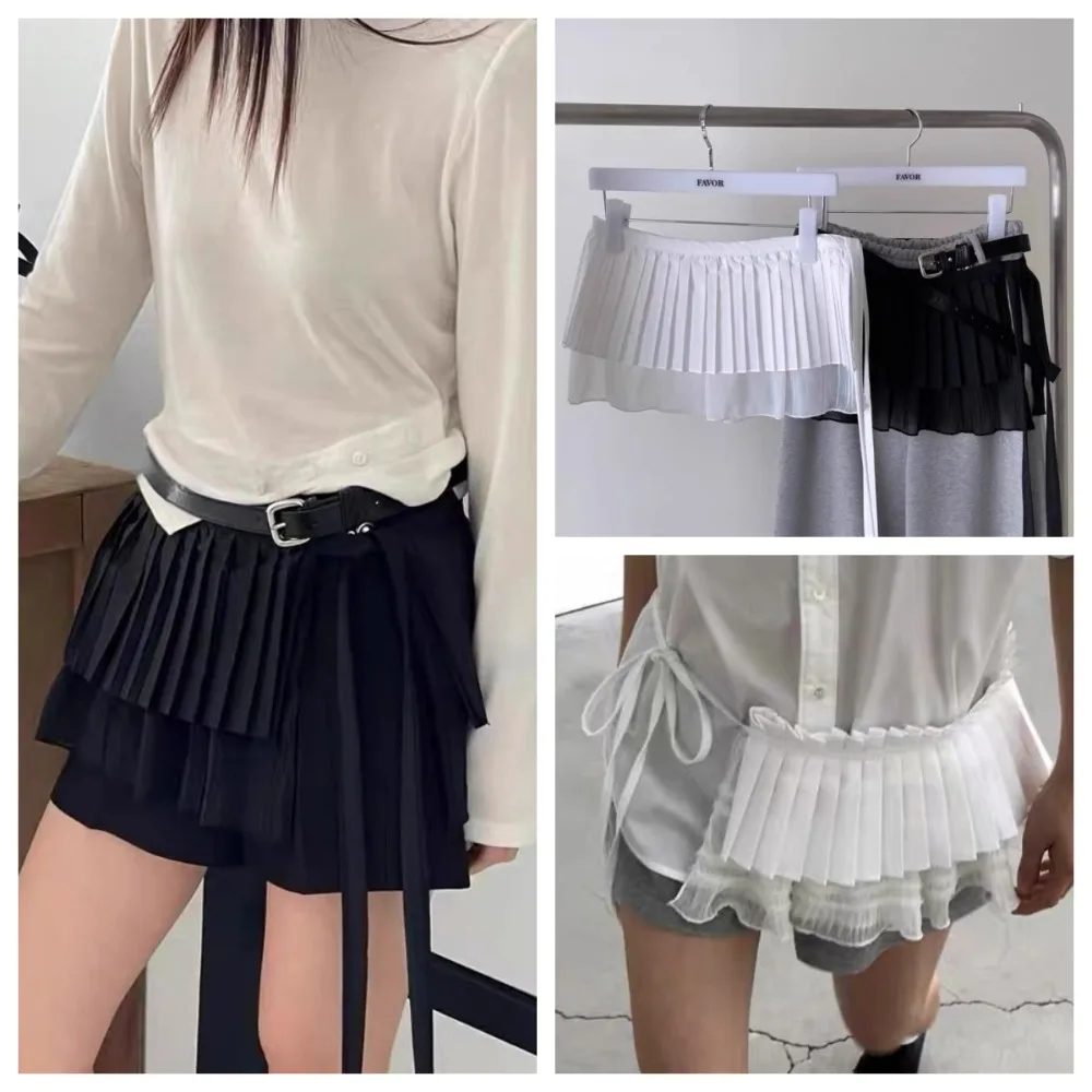 موضة الهيب هوب طبقة وتتسابق مطوي تنورة الحلو شبكة تكدرت حافة حزام Y2K قميص موسع الدانتيل يصل وشاح الورك الجينز ديكور