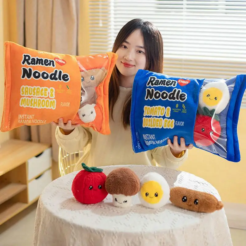 Creative Ramen Noodle Throw Pillow with Egg Tomatoes Sausage Alien Bats Monsters Donuts Chips Snack In a Bag Stuffed Pudding