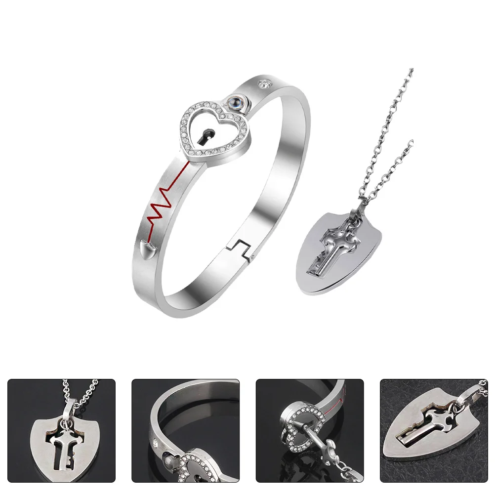 Titanium Steel Couple Lock Bracelet Projecting Heart Valentine's Day Gift Comfortable Stylish Women Men Jewelry Set