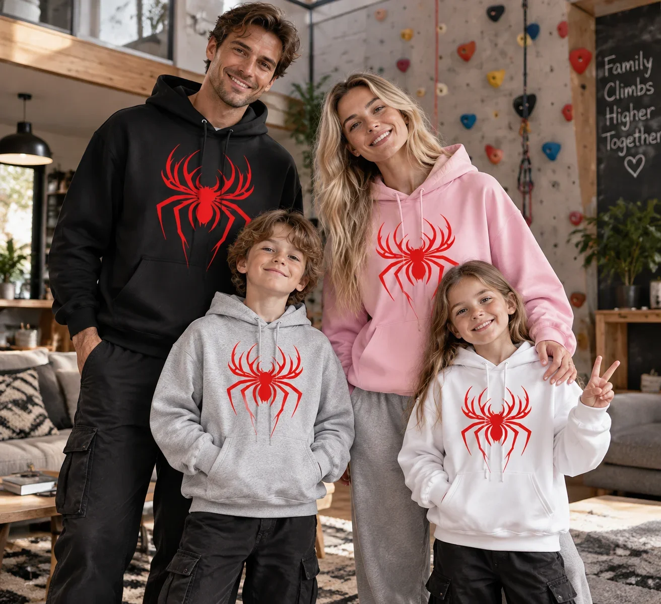 2026 New Spring Autumn Casual Sports Family Matching Hoodie,Minimalist Red Spider Print,Harajuku Street Style for Men Women Kids