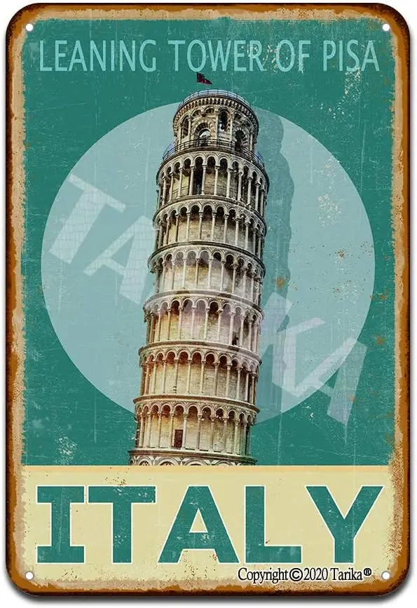 QSHPO Metallschild „Schiefer Turm von Pisa, Italien“, Vintage-Poster mit berühmten Orten, Club-Dekoration, Plakette, Wanddekoration für Zuhause, Zimmer, Büro