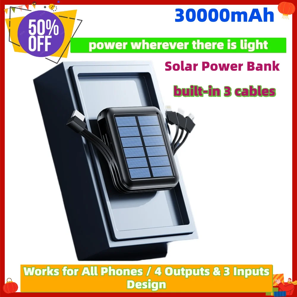 Solar Power Bank 30000mAh Large Capacity Built-in 3 Cables with Lanyard Portable Charger for IPhone Samsung Huawei Xiaomi OPPO