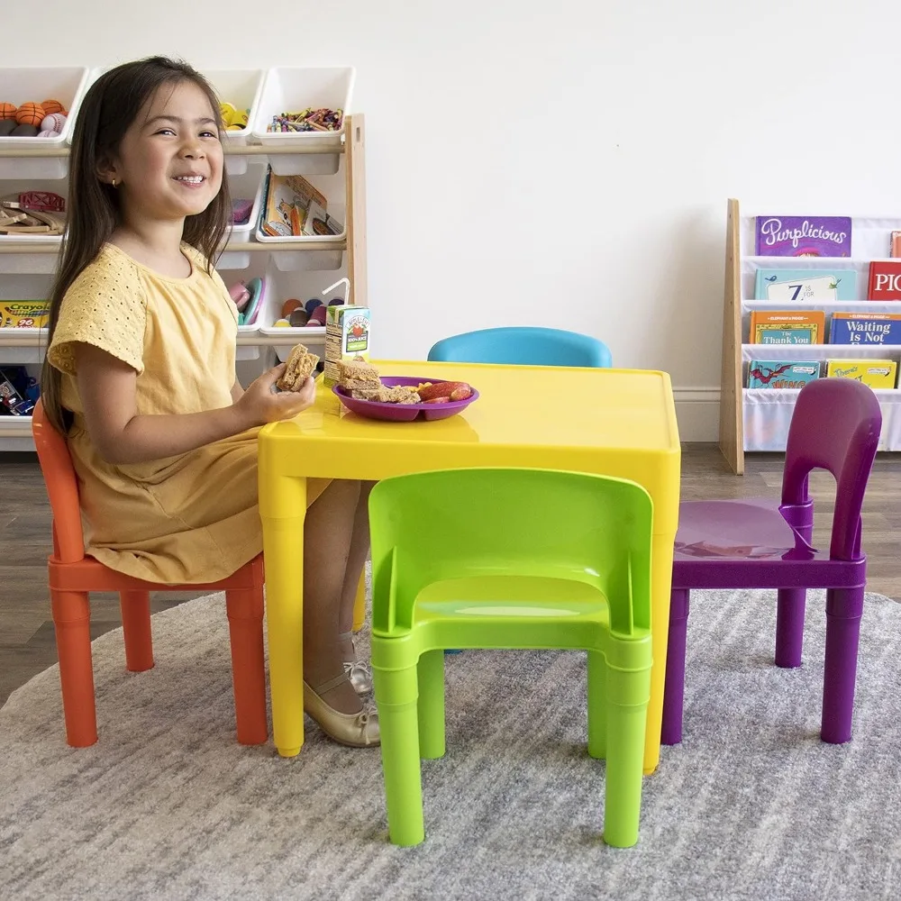 Humble Crew Kids Plastic 1 Square Table and 4 Chairs, Yellow Table/Vibrant Chairs Table and Chair Set for Kids