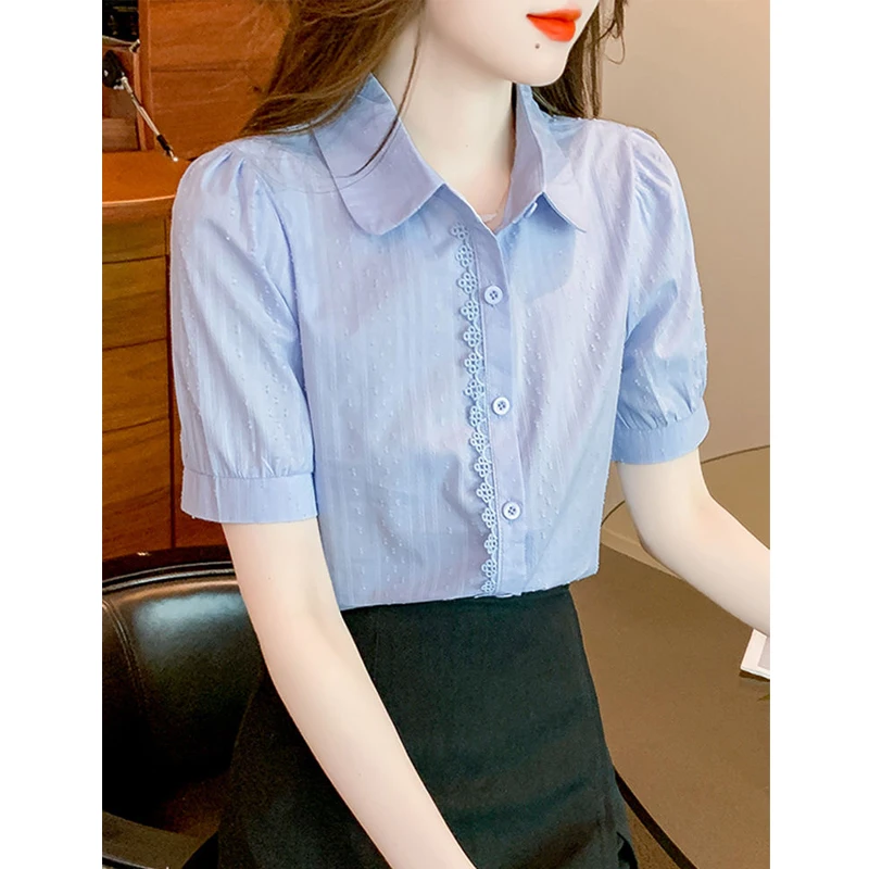 Women Clothing 2024 Summer Fashion Lace Patchwork Button Shirts Casual Short Sleeve Sweet Blouses Female Solid Slim Cotton Tops