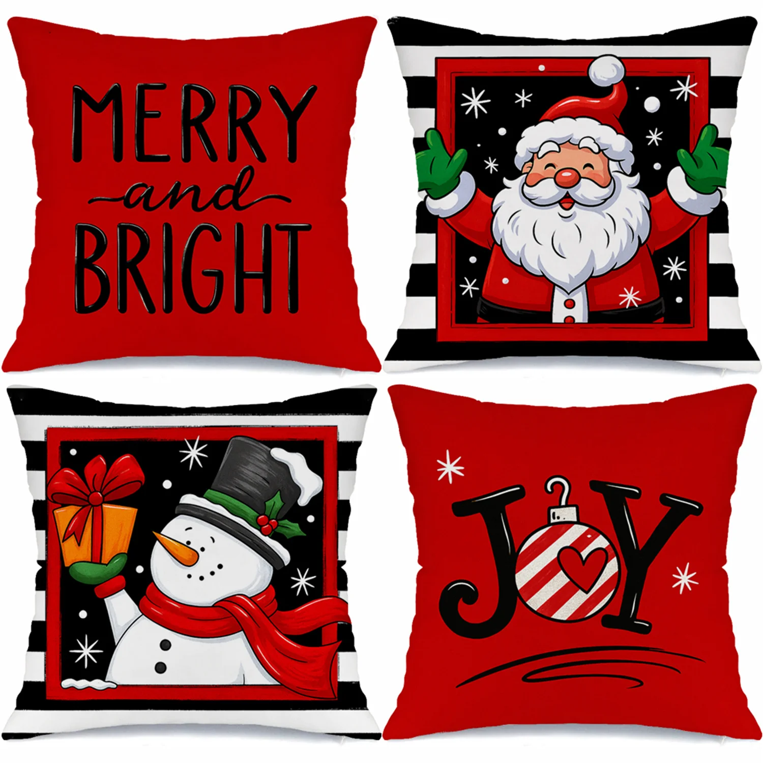 4pcs Black White Christmas Pillow Covers, Merry Bright Santa Snowflake Print, Farmhouse Striped Design for Sofa Bedroom