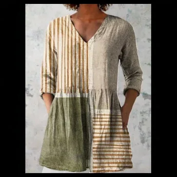 Obrázek 4: Dámská smíšené proužek patchwork šaty v-neck 3/4 rukáv volné tunika posunu šaty černá a bílá geometrické ležérní nejvyšší