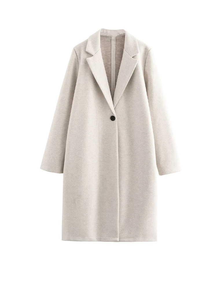 Nowa kolekcja odzieży damskiej 2025: Moda w stylu europejskim i amerykańskim, jednolity kolor, płaszcz o średniej długości z klapami, długi rękaw, rozpinany.