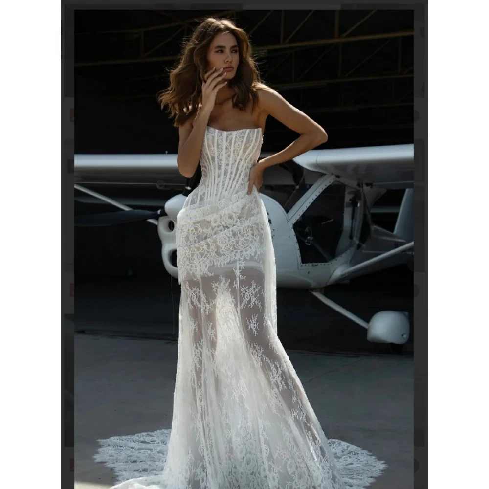 Elegant Lace Wedding Dress Customized Strapless Sheath Detachable Train Bridal Gown Sexy Backless Corset Long Prom Dresses