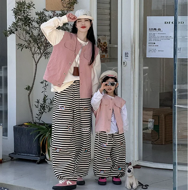 

Mother and Son Matching Pink Jacket Vest Spring Summer Mom and Daughter Sleeveless Coat + Pants Korean Fashion Children Clothes