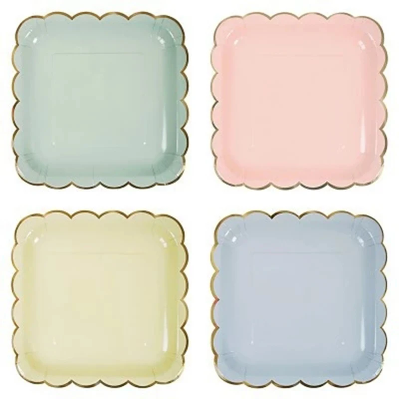 8pcs/lot Candy Color Paper Plates Birthday Party Dishes Pastel Plate with Gold Foil Baby Shower Wedding Decoration Tableware