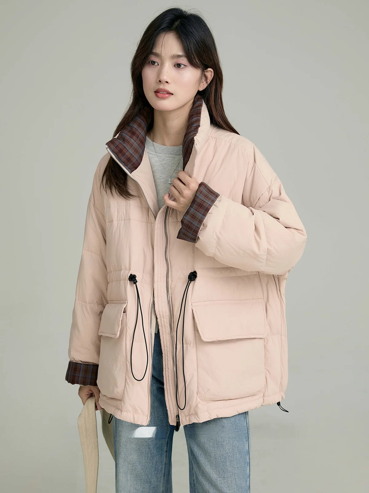 

Pink Stand Collar ort Women's down Jaet Loose Fitting Waist Cinched White Du down Warm Winter Outerwear