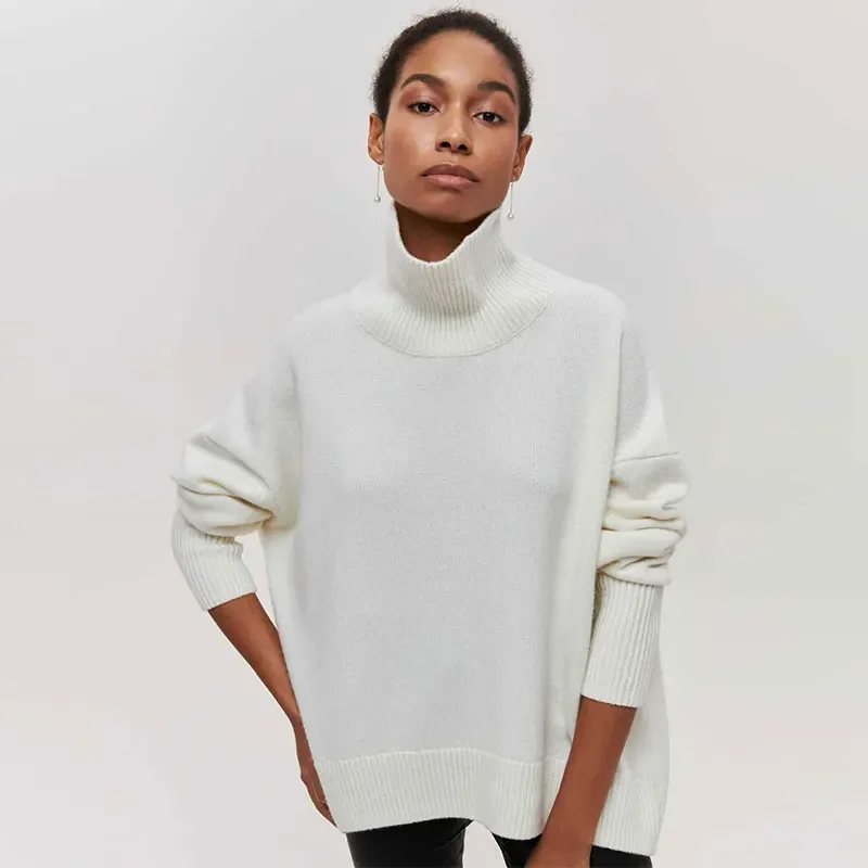 Solid Turtleneck Long Sleeve Pullover For Women Fashion Chic Long Sleeve Sweaters 2023 Autumn Winter Casual Loose Streetwear Top