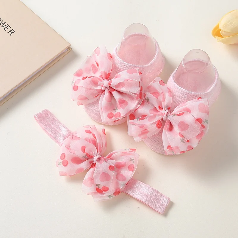 

2Pcs/Set Baby Girl Socks Headband Sets Newborn Floral Bowknot Hair Band Floor Socks Infant Walking Socks Baby Accessories 0-3Y