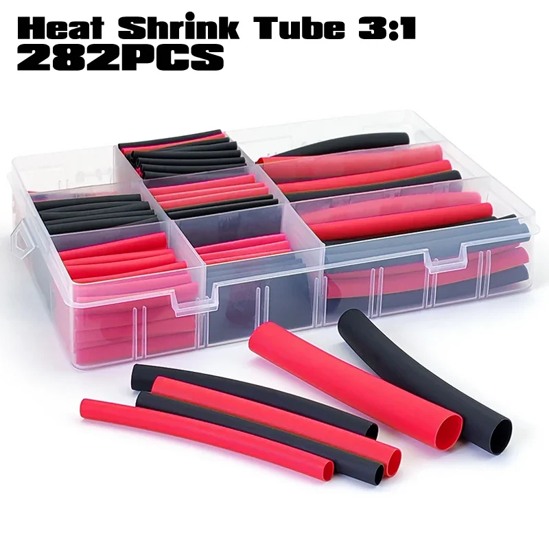 Black Red Polyolefin Wire Heat Shrink Tube Kit 282Pcs Flame Retardant Sleeve For Electrical Circuit Joint Insulation Cover
