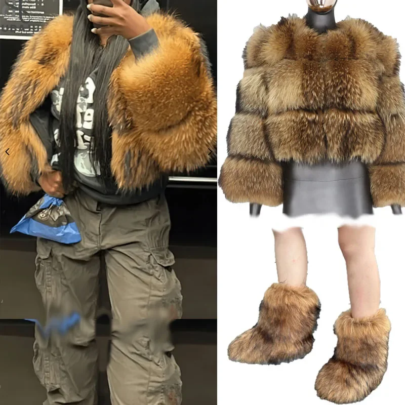 Natural Faux Racccon Fur Coat Women Winter Warm Luxury Fur Jacket Long Sleeves Female Furry Coats